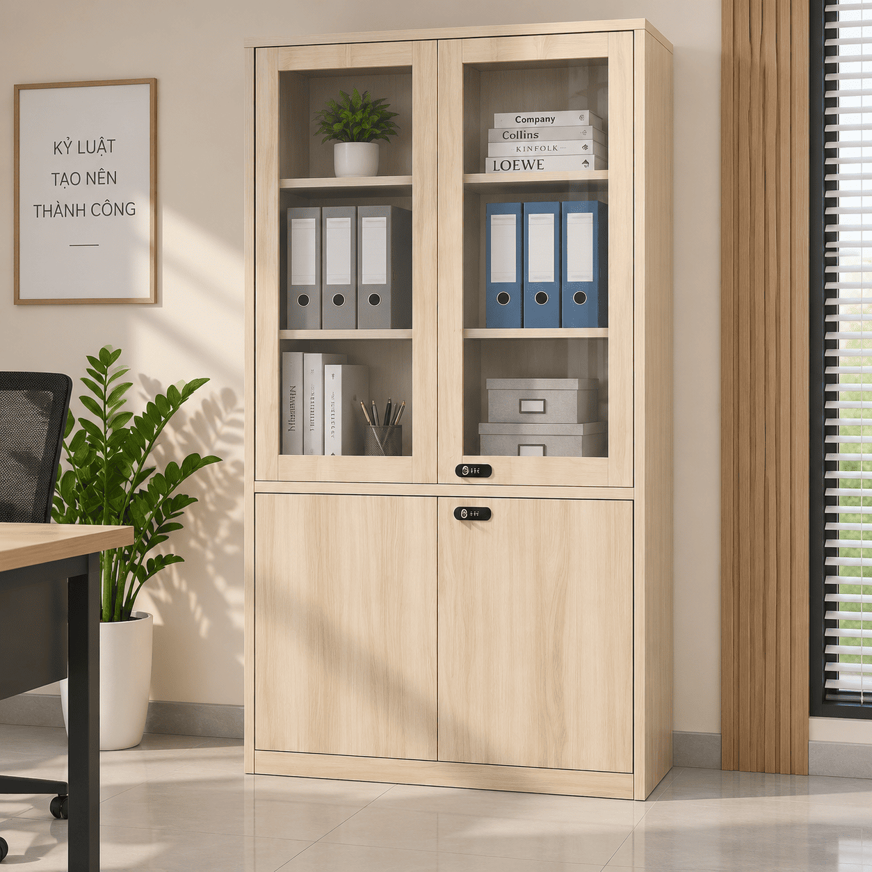 Tủ Sắt Vân Gỗ 4 Cánh 2 Cánh Kính Cao Cấp PH-4CKS – Phú Hưng Cabinet