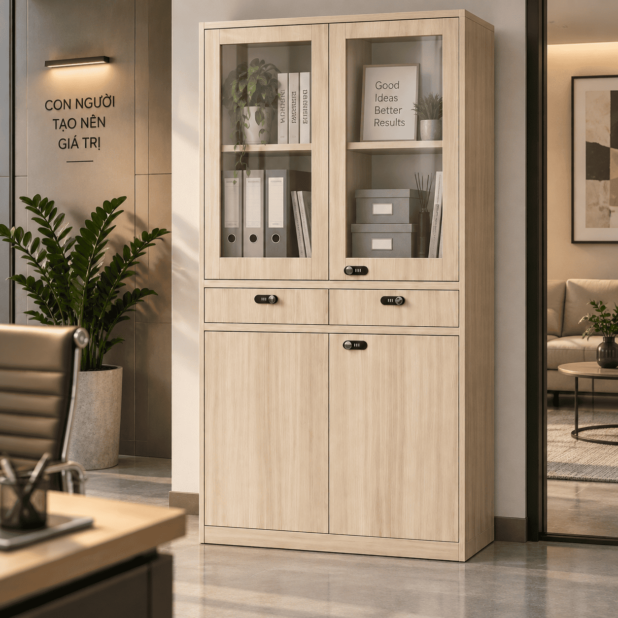 Tủ Sắt Vân Gỗ 4 Cánh 2 Ngăn Kéo Cao Cấp PH-4CK2NS – Phú Hưng Cabinet