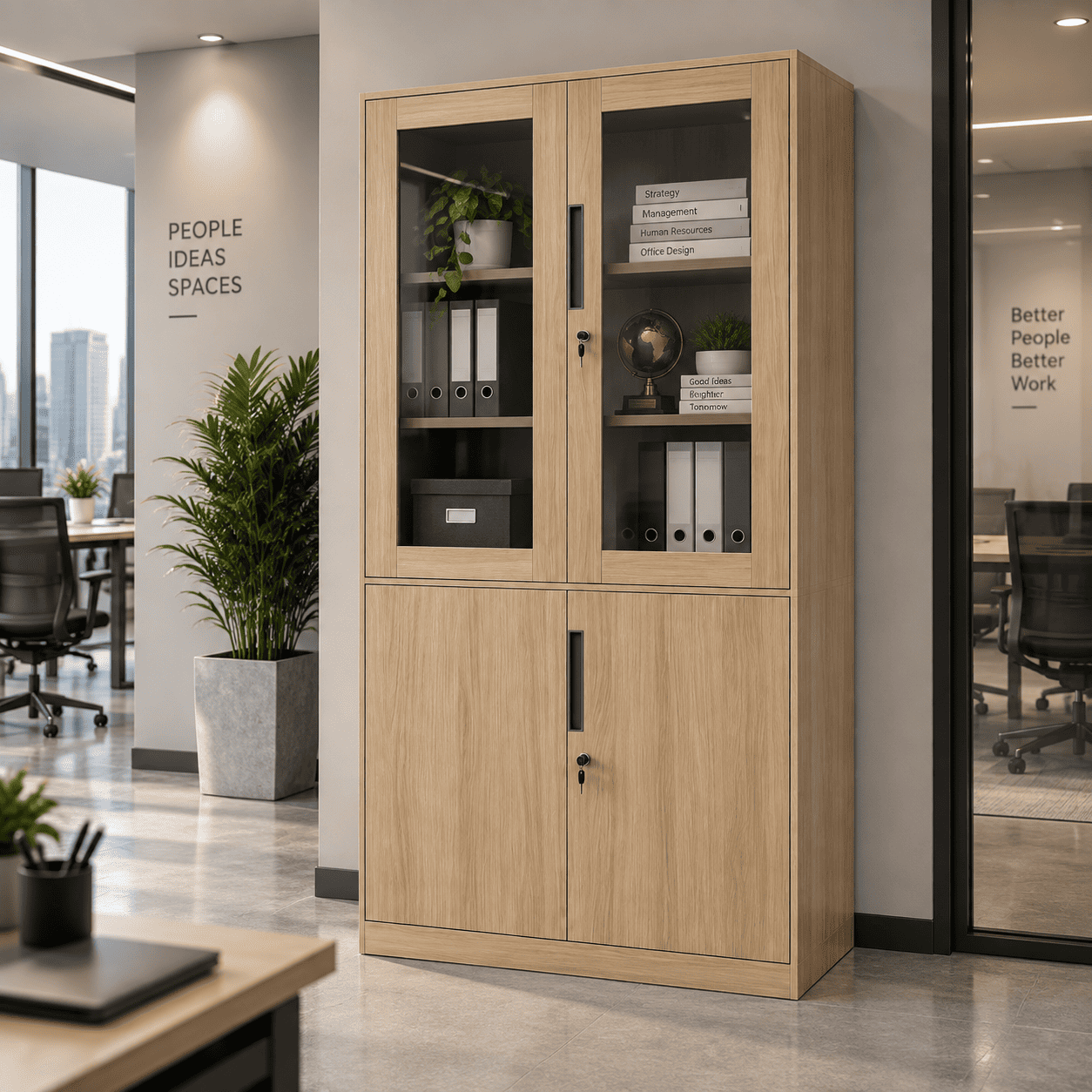 Tủ Sắt Vân Gỗ 4 Cánh 2 Cánh Kính Cao Cấp PH-4CK – Phú Hưng Cabinet